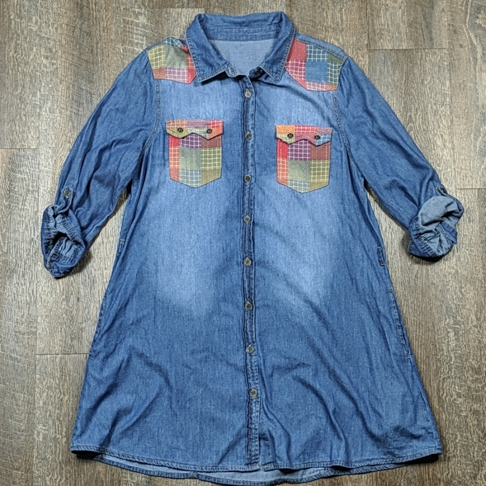 Si Avance Patchwork Chambray Dress Oversized Top